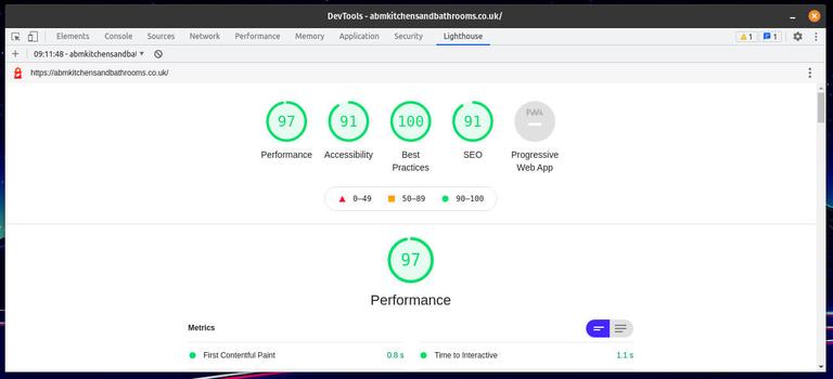 A screenshot of the ABM Kitchens and Bathrooms website loaded into the Chrome web browser, with the “Lighthouse” feature showing a high overall score for the website for the following criterion: Performance (97), Accessibility (91), Best Practised (100), SEO (91)