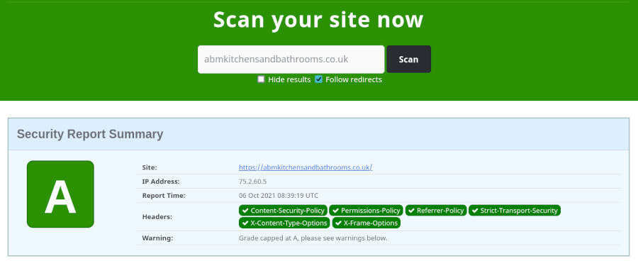 A screenshot of the ABM Kitchens and Bathrooms website loaded into the Security Headers website. This website does several validations and checks against the OWASP recommended security headers for a given website. At the time of writing, the ABM Kitchens and Bathrooms website has an A rating.