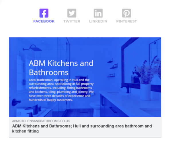 A screenshot of the ABM Kitchens and Bathrooms website loaded into the social share preview website. This website allows developers to preview and debug the social cards for a given webpage.