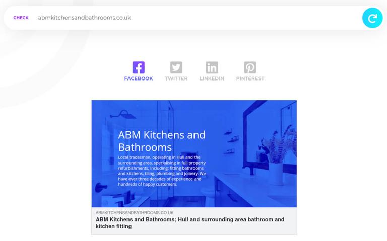 A screenshot of the ABM Kitchens and Bathrooms website loaded into the social share preview website. This website allows developers to preview and debug the social cards for a given webpage.