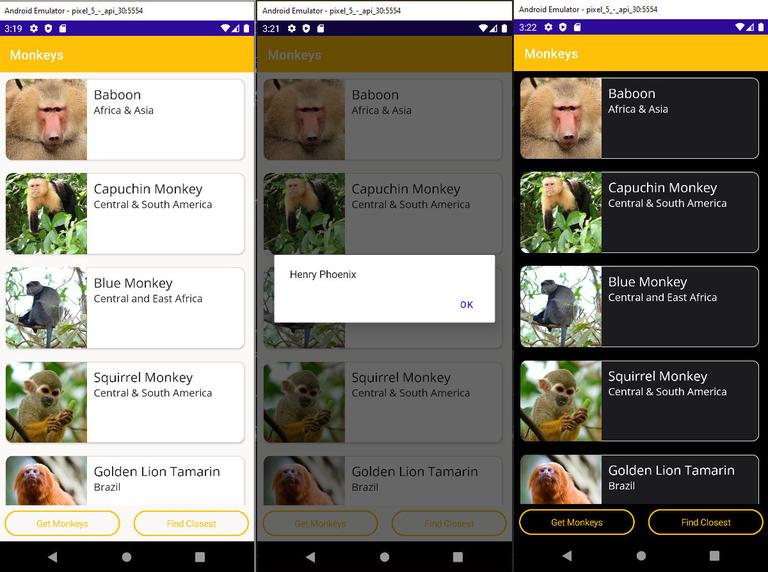 A collection of screenshots from the .NET Maui workshop application. The code is running in the Windows Android emulator, oriented as portrait, and shows a series of rows, each representing a different monkey. Each row has an image of the monkey on the left, the name of the monkey species as a header, and a rough location under that. The central screenshot shows a message box applied over the application with the legend “Henry Phoenix”. The righthand side screenshot is similar to the first, but it has a darkened theme applied (all light colours are swapped with dark ones, except for in the images of the monkeys)