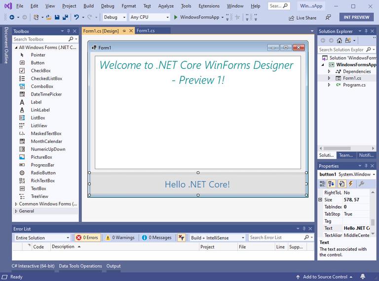 A screenshot of Visual Studio's WinForms designer. On the left is a toolbox containing a number of controls for things like buttons, checkboxes, panels, picture boxes, etc; in the centre is the form which is being designed, and on the right is the solution explorer. The form being designed has a text box with the legend “Welcome to .NET Core WinForms Designer - Preview 1!” and a button saying “Hello .NET Core!”.