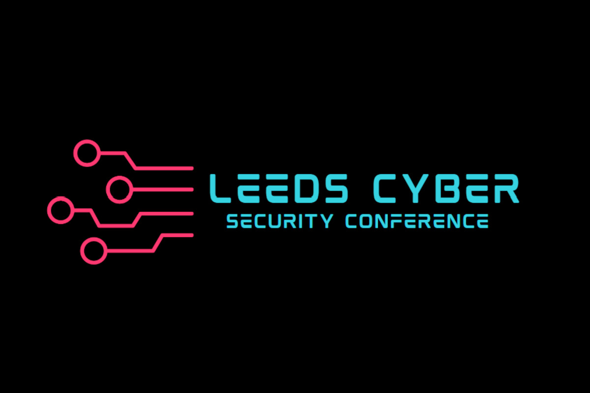 The logo for Leeds Cyber Security Conference 2023. The image reads 'Leeds Cyber Security Conference' in teal, has a series of lines and circles on the left of centre in a redish-pink, and all of this is on a black background.