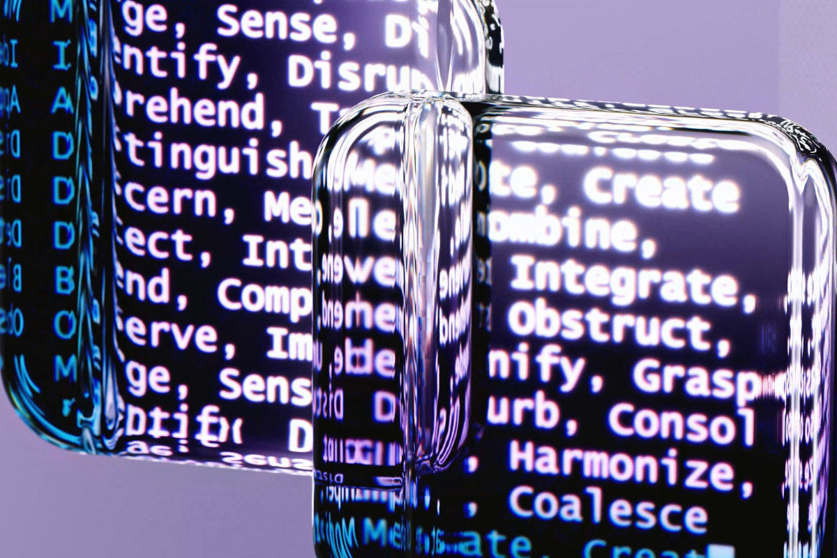 The image shows two virtual panes of glass passing over each other, similar to Apple's Liquid Glass UI language. Both panes of glass have the names of a number of open-source fonts and different design-related words. Where the glass objects cross over there is some displacement of the text, giving a feeling of depth to the image.