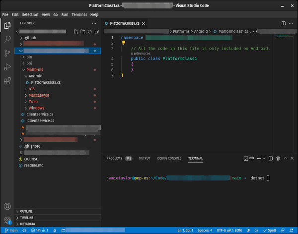 A screenshot of Visual Studio Code showing the contents of a .NET Maui class project. The Android PlatformClass1cs file loaded into the file viewer, this file allows you to include any Android specific code.