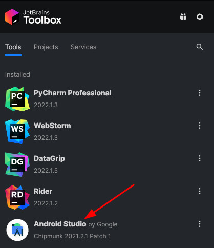 A screenshot of the JetBrains Toolbox application showing a number of JetBrains tools installed on my computer, including 'Android Studio'