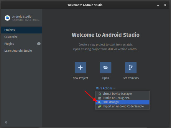 A screenshot of Android Studio's splash screen. The user has selected 'More Actions' and is about to click 'SDK Manager'