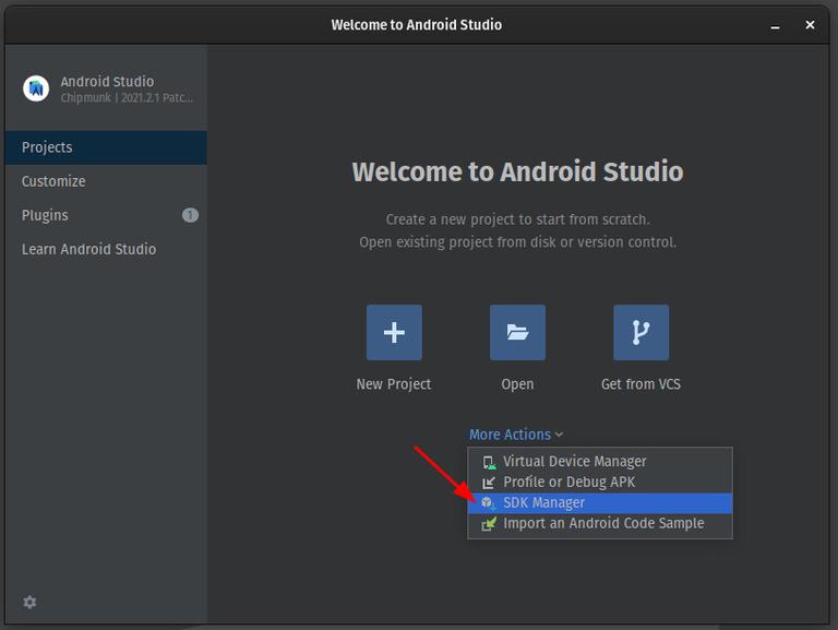 A screenshot of Android Studio's splash screen. The user has selected 'More Actions' and is about to click 'SDK Manager'