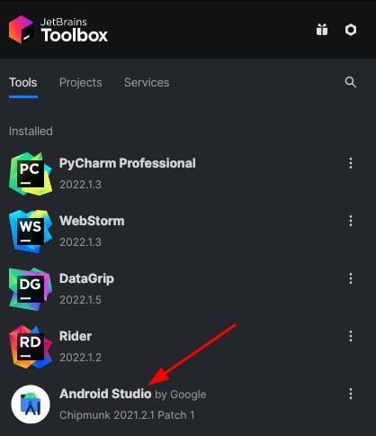 A screenshot of the JetBrains Toolbox application showing a number of JetBrains tools installed on my computer, including 'Android Studio'