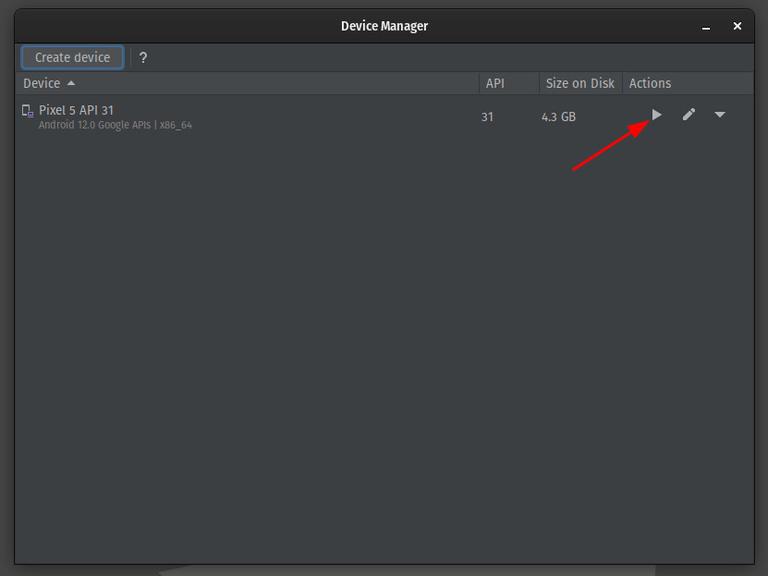 A screenshot of Android Studio's Virtual Device Manager with a new device shown
