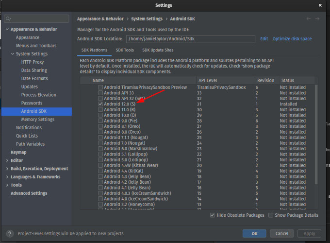 A screenshot of Android Studio's SDK manager showing that Android 12 (S) is installed and available for use