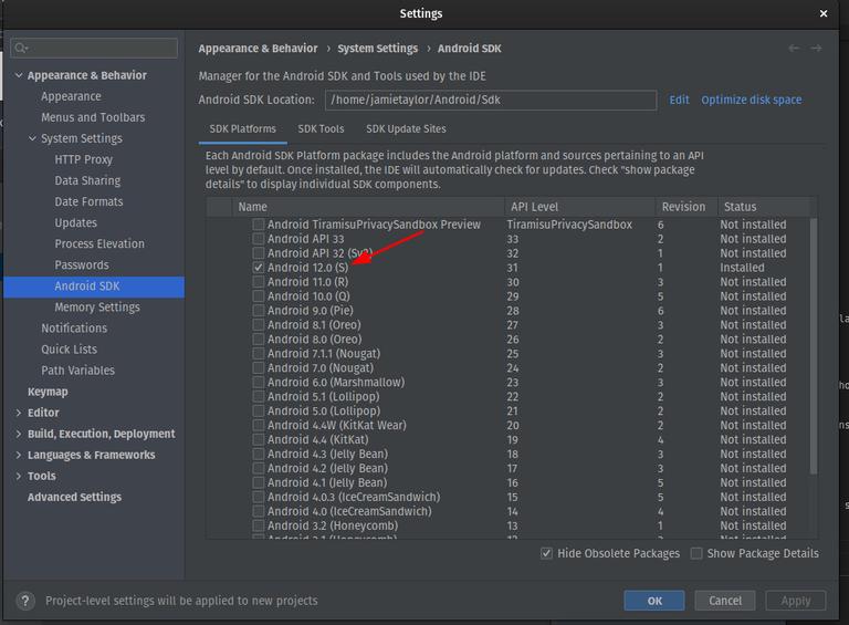 A screenshot of Android Studio's SDK manager showing that Android 12 (S) is installed and available for use