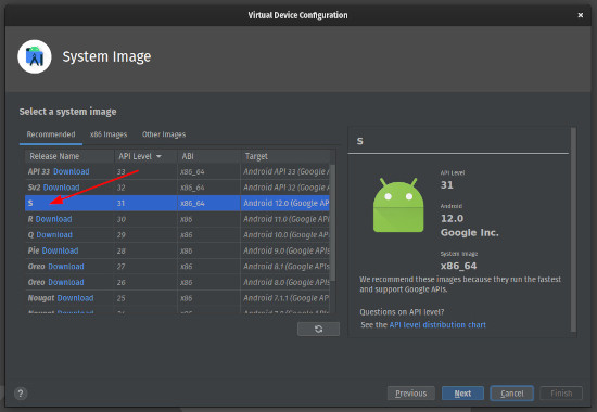 A screenshot of Android Studio's Virtual Device Manager, with the 'S' image chosen