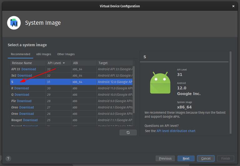 A screenshot of Android Studio's Virtual Device Manager, with the 'S' image chosen