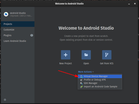 A screenshot of Android Studio's splash screen. The user has selected 'More Actions' and is about to click 'Virtual Device Manager'