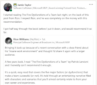 A screen shot of a LinkedIn post of Jamie's which details how he discovered the book The Five Dysfunctions of a Team, thanks to Rion Williams.