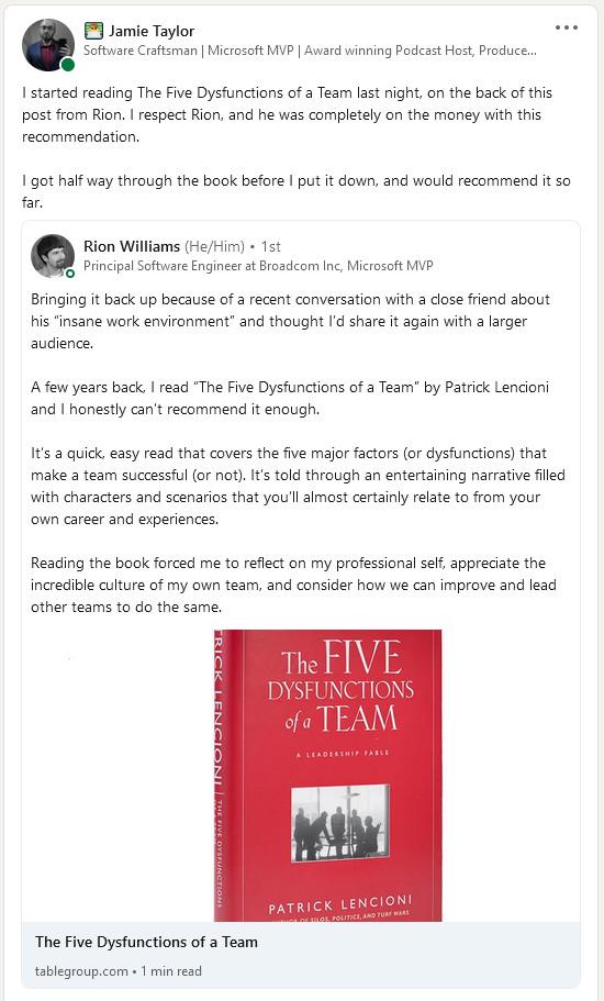 A screen shot of a LinkedIn post of Jamie's which details how he discovered the book The Five Dysfunctions of a Team, thanks to Rion Williams.