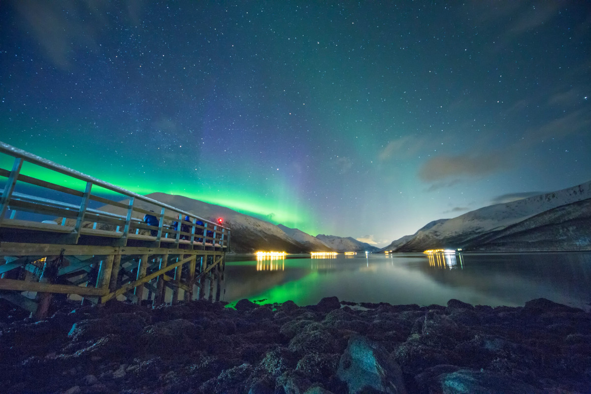 The image depicts a breathtaking nighttime scene at a scenic location, possibly a pier or dock with a view of a lake and snow-capped mountains under a vibrant northern lights sky. The Milky Way galaxy is visible overhead, adding a touch of magic to the image. There are wooden railings visible on both sides of the frame, indicating the presence of a docking area. The water reflects the glow of the lights, enhancing the serene atmosphere of the scene.