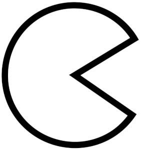 A monochrome likeness of Pacman with their mouth open: a circle of white with a black border, and a triangular section cut out from circumference to centre of the circle. The resulting cut-out has lines bisecting at 45 degrees and resembles a mouth