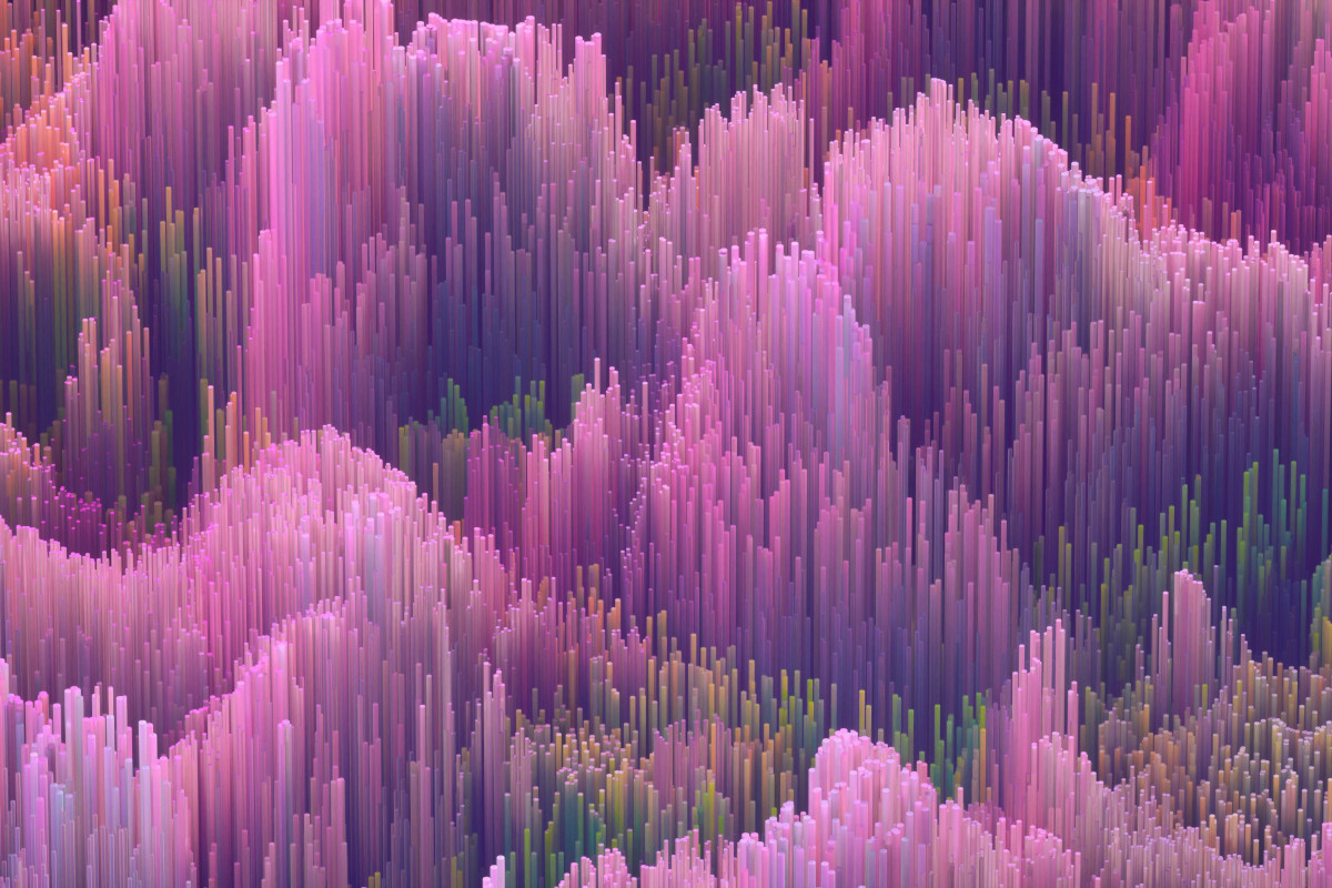 An artistic digital illustration featuring a vibrant and chaotic abstract design. It appears to be created using a digital medium, possibly a graphics tablet or similar drawing software, with various shapes, lines, and colors that give it the appearance of a surreal landscape or cityscape. The color palette includes shades of purple, pink, blue, and green, contributing to the dreamlike and fantastical quality of the artwork. There is no recognizable form or object within this piece, as it seems to be purely abstract in nature.