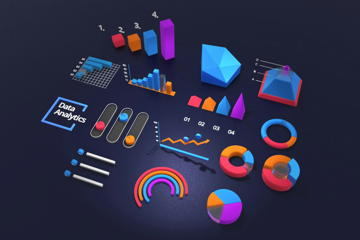 The image shows a flat lay composed of various office and data-related items against a dark background. In the foreground, there are colourful 3D illustrations of graphical elements such as pie charts, bar graphs, and iconic digital interface icons. Surrounding these figures is an assortment of digital tools and accessories that suggest a technologically oriented environment. These items include what appears to be data visualization software with overlapping charts and diagrams, a colourful palette of gradients, a set of measuring cups and spoons, a pair of glasses with transparent lenses, and a few other small decorative objects. The overall impression is that this could be a representation of a digital workspace or a conceptual artistic arrangement related to analytics and data analysis.