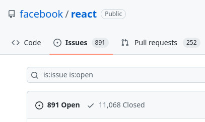 A screenshot of the facebook/react repo's Issues tab showing 891 open issues.