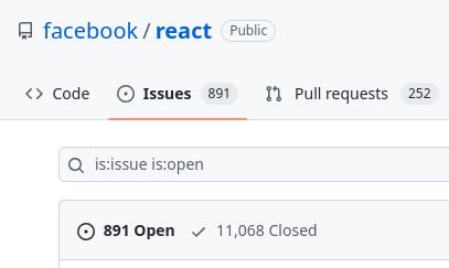 A screenshot of the facebook/react repo's Issues tab showing 891 open issues.