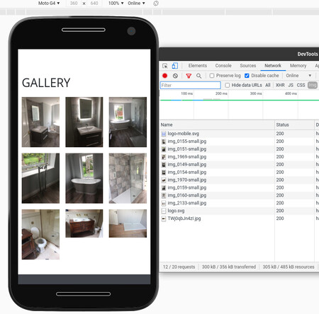 A screen shot of a website loaded into the Chrome web browser. The web browser shows an example of a rendered gallery page, with 9 images displayed, and the webpage is rendered using Chrome's built-in responsive toolset, making it appear like it is being loaded on a Moto G4 mobile phone. Also displayed are the Chrome developer tools, showing that only the images relevant to the Moto G4 screen size have been requested