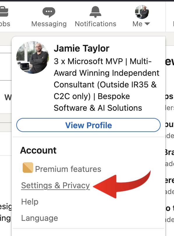 The image displays a screenshot of a LinkedIn profile page.
In the bottom right corner of the image, a red highlight arrow draws attention to the profile page's header. The text within this rectangle is “Help - Privacy - Settings & Privacy”.