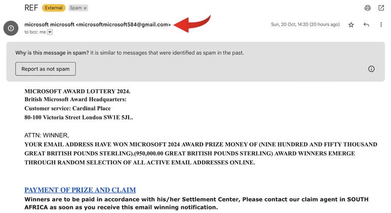 A screenshot of the phishing email open in Gmail, tagged External and Spam. A red arrow points to the sender line, which reads “microsoft microsoft” followed by the address microsoftmicrosoft584@gmail.com — a free Gmail address rather than an official microsoft.com domain.