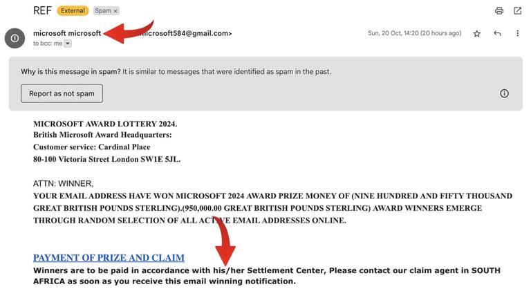 The same phishing email with two red arrows: one pointing to the all-lowercase display name “microsoft microsoft”, and one pointing to body text reading “Winners are to be paid in accordance with his/her Settlement Center”, showing the vague pronouns used in place of the recipient’s name.