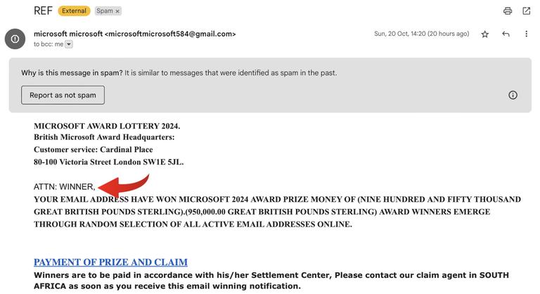The same phishing email with a red arrow pointing to the line “ATTN: WINNER,” above a block of body text set entirely in capitals, claiming the recipient has won 950,000.00 Great British Pounds Sterling.