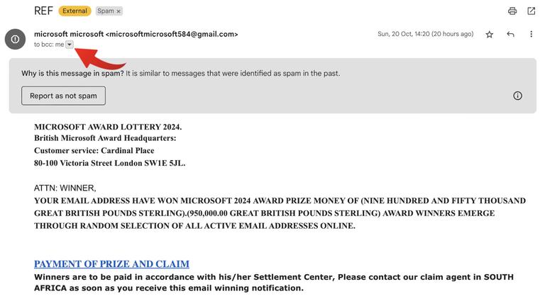 The same phishing email with a red arrow pointing to the recipient line, which reads “to bcc: me” — the message was blind carbon copied to its recipients rather than addressed to them directly.
