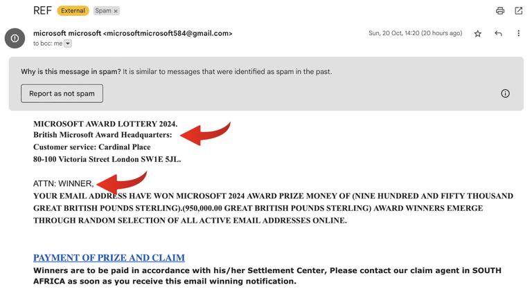 The same phishing email with two red arrows highlighting its plain-text layout: one at the header block reading “MICROSOFT AWARD LOTTERY 2024, British Microsoft Award Headquarters”, and one at “ATTN: WINNER,”. There is no logo, styling or consistent typography of the kind a real company would use.