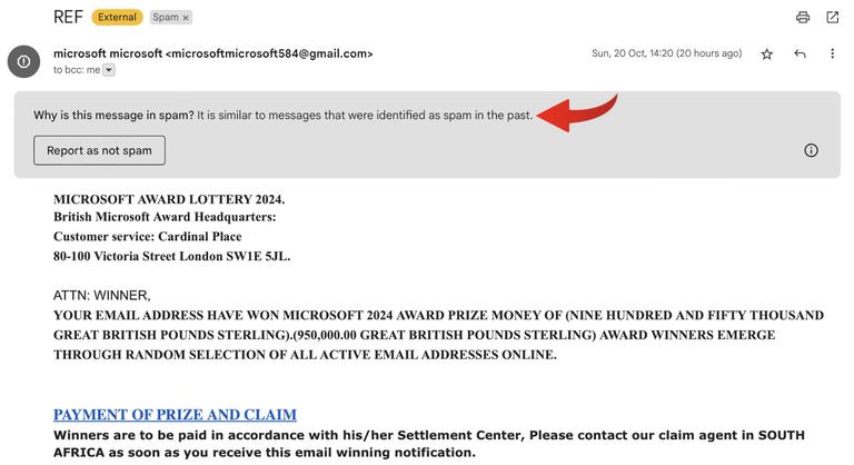 The same phishing email with a red arrow pointing to Gmail’s grey warning banner, which reads “Why is this message in spam? It is similar to messages that were identified as spam in the past.”, alongside a Report as not spam button.