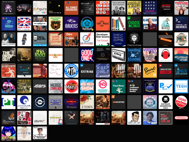 just some of the shows I subscribe to, as shown in PocketCasts - taken in Jan 2019