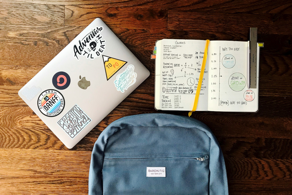 Overhead photography of blue backpack beside an open note book and silver MacBook laptop. All of the items are placed one a mahogany table. The note book shows a number of slightly indecipherable notes from a study session.