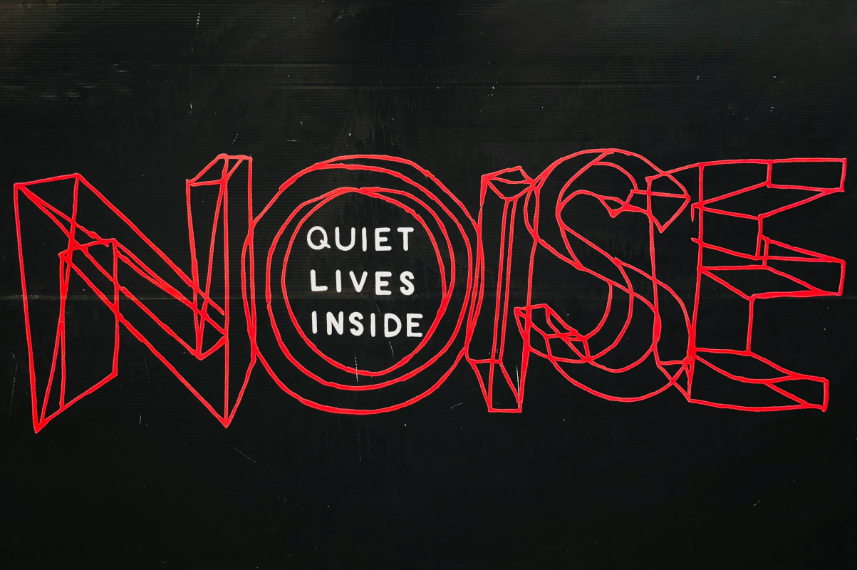 A red wireframe of the word 'NOISE' on a black background. In the centre of the 'O' are the words 'QUITE LIVES INSIDE' in white text.