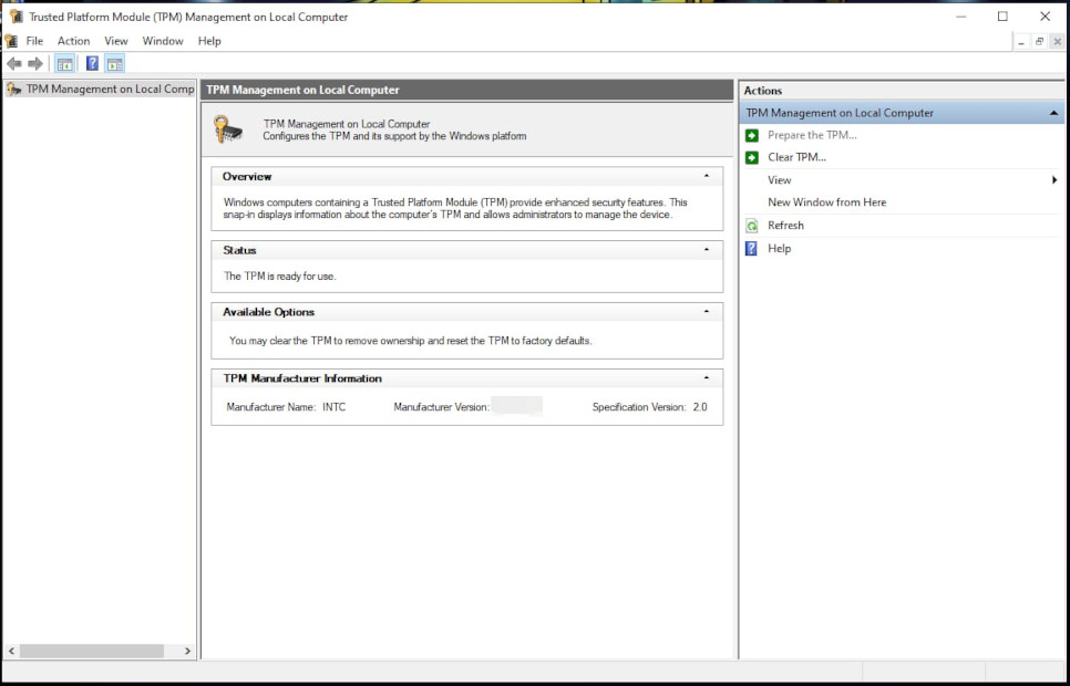 A screenshot of the TPM service in Windows 10, showing that the computer on which the service is running has a TPM which adheres to version 2.0 of the TPM standard.