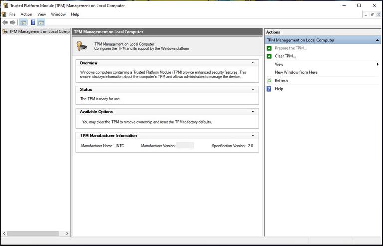 A screenshot of the TPM service in Windows 10, showing that the computer on which the service is running has a TPM which adheres to version 2.0 of the TPM standard.