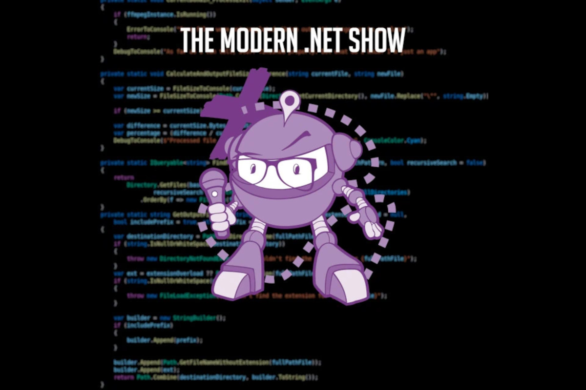 The image features a graphic of a character that appears to be a digital representation, possibly from a video game or a cartoon style illustration. The character is depicted with a round head, wearing glasses. It has a small headphone on its right ear. In front of the character, there's a command-line interface open on what seems to be a terminal or console screen, displaying text that is likely related to programming or software development. The text on the screen is blurry, but resembles some C# code. At the top of the image, there's a caption in bold white font that reads 'THE MODERN .NET SHOW'. This suggests that the image is related to a show or series titled 'The Modern .NET Show'. The overall style of the image is digital and graphic, with elements of programming and a cartoon-like character, possibly indicating a theme involving technology, gaming, or programming.