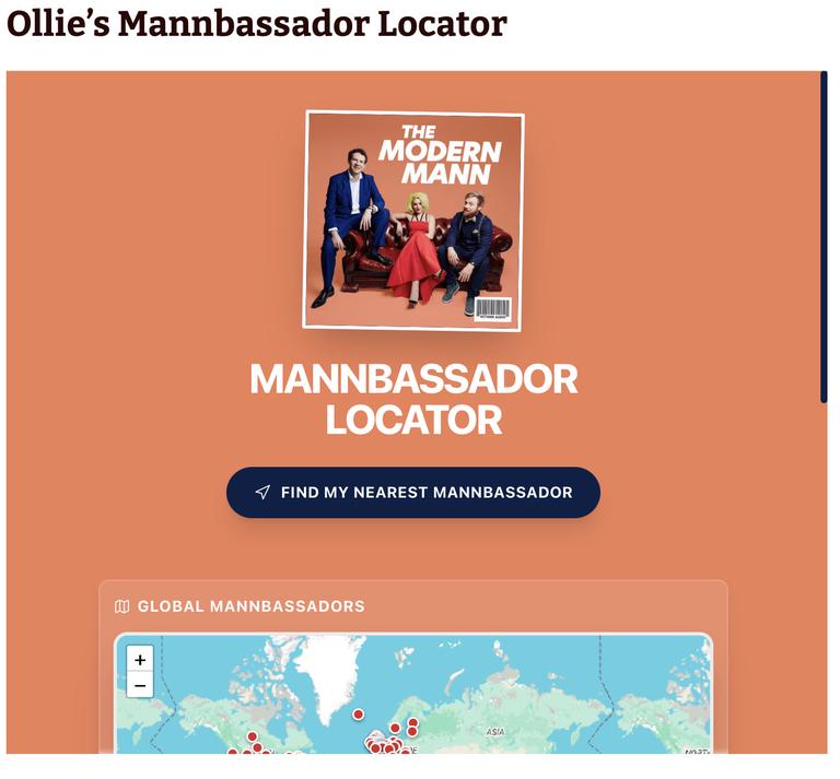 The completed Mannbassadors app interface, showing location-based results with distances and episode links