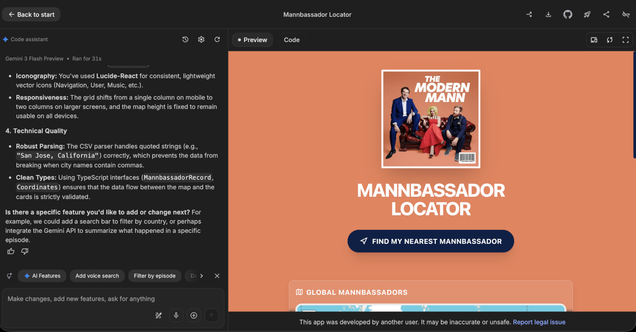 Google AI Studio's integrated development environment, showing how the app was built through natural language prompts