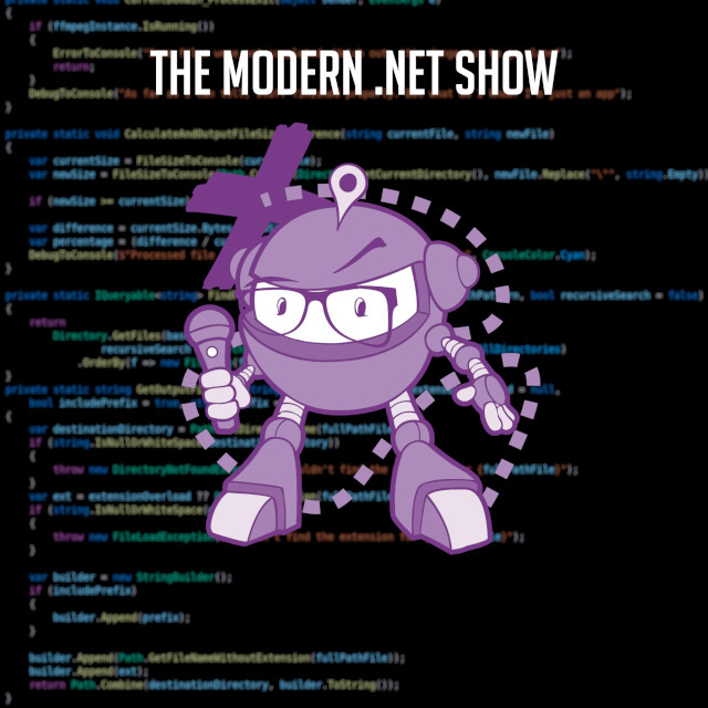 A purple robot wearing glasses, with a raised eyebrow, holding a microphone in its left hand stands in front of a multicoloured code listing, which is blurred. The code listing is shown on a black background, and the words 'The Modern .NET Show' can be seen in white along the top of the image.