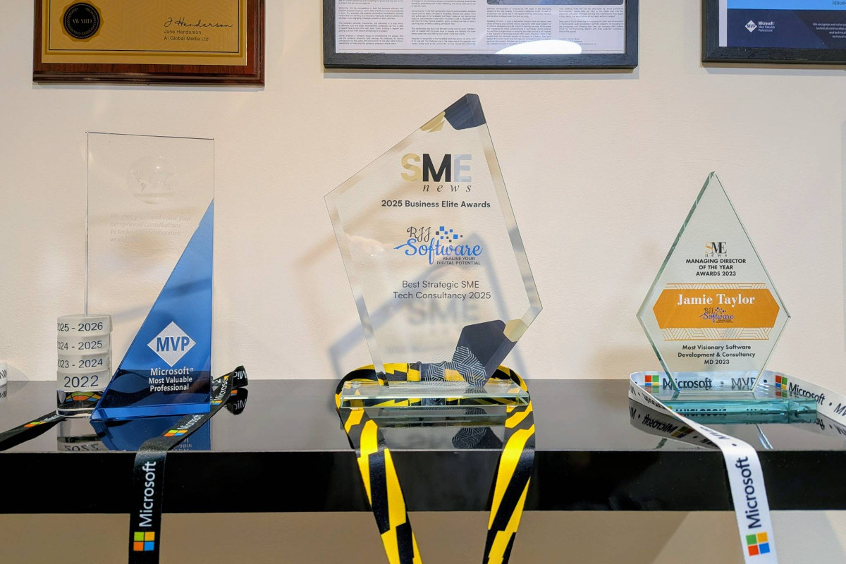 Three modern-looking awards arranged in a row, left to right, on a black shelf. The awards are Microsoft MVP, Best Strategic SME Tech Consultancy 2025, and Most Visionary Software Development & Consultancy MD 2023