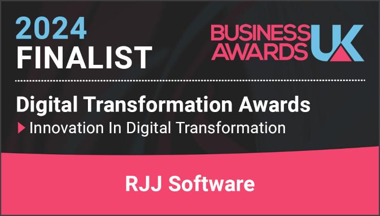 The image is a digital announcement. On the left side, there's text that reads '2024' in large white font on a black background. Below this, the text 'BUSINESS AWARDS UK' is displayed in smaller white font against a pink gradient background.
In the center of the image, there is a graphic with the words 'Digital Transformation Awards' in bold white letters on a transparent background, giving it a floating effect. The word 'Awards' is emphasised and appears to be part of a logo or emblem.
To the right, there's an image of a digital badge that says 'RJJ Software' in lowercase white letters on a black background, indicating the name of a company or software solution associated with the award.
On the bottom left corner, there is a graphic that resembles a digital trophy with the words 'Digital Transformation Awards UK' printed across it. The text is in a gradient effect that transitions from white to pink and black, creating an attractive and modern look.
In the lower right corner of the image, there's a pink badge with white text that says 'RJJ Software' and below it, a tagline or description that reads 'Innovation in Digital Transformation.' This suggests that RJJ Software has been recognised for its contributions to digital transformation within the UK.