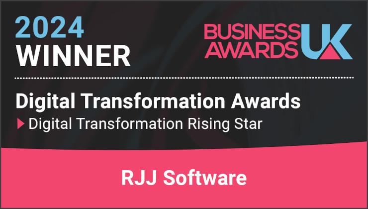 The image is a digital announcement. On the left side, there's text that reads '2024' in large white font on a black background. Below this, the text 'BUSINESS AWARDS UK' is displayed in smaller white font against a pink gradient background.
In the center of the image, there is a graphic with the words 'Digital Transformation Awards' in bold white letters on a transparent background, giving it a floating effect. The word 'Awards' is emphasised and appears to be part of a logo or emblem.
To the right, there's an image of a digital badge that says 'RJJ Software' in lowercase white letters on a black background, indicating the name of a company or software solution associated with the award.
On the bottom left corner, there is a graphic that resembles a digital trophy with the words 'Digital Transformation Awards UK' printed across it. The text is in a gradient effect that transitions from white to pink and black, creating an attractive and modern look.
In the lower right corner of the image, there's a pink badge with white text that says 'RJJ Software' and below it, a tagline or description that reads 'Digital Transformation Rising Star.' This suggests that RJJ Software has been recognised for its contributions to digital transformation within the UK.