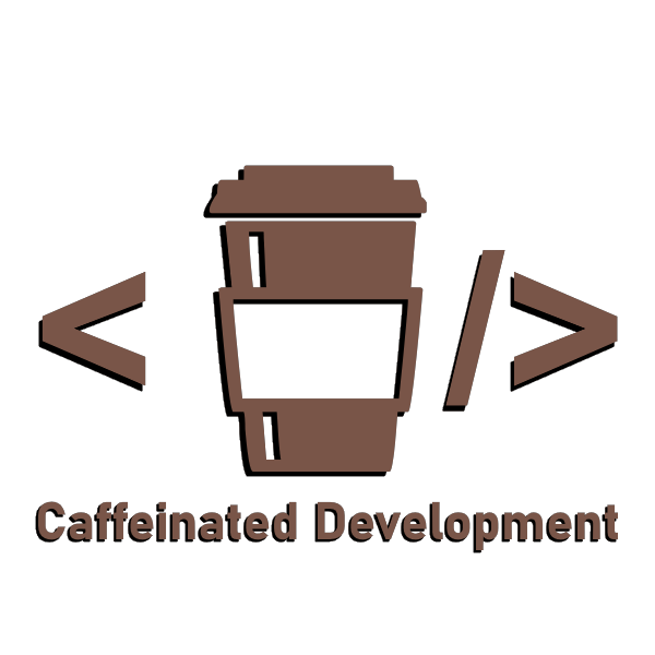The image displays a stylized graphic that features a coffee cup icon on the left side, which is commonly associated with caffeinated products. Adjacent to the coffee cup icon is text that reads 'CAFFEINATED DEVELOPMENT' in capital letters.