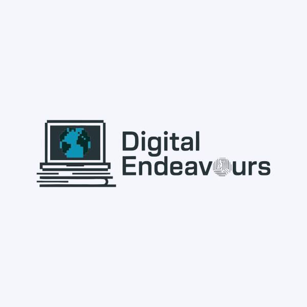 The image is a digital rendering that features a logo. The logo consists of text and an accompanying graphic element. At the top, the text reads 'Digital Endeavours' in a bold sans-serif font. Below this, there is a simple white background with a stylized representation of a computer monitor on the left side. To the right of the monitor, there's a partial view of an open book with pages visible. On the bottom right corner of the book, there is a graphic of a globe, suggesting a focus on international or global endeavours. The overall style of the image is clean and modern, using minimalistic design elements to convey the company's name and potential areas of interest or expertise.