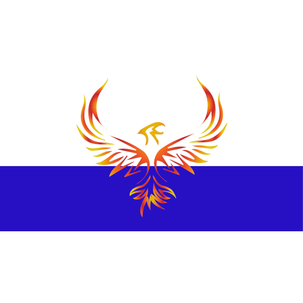 The image displays a graphic design featuring a stylized phoenix, which is depicted with orange flames on its wings and tail. The phoenix is superimposed over a blue field that occupies the lower half of the image. Above the phoenix, there's a thin orange stripe running horizontally across the top of the image. The style of the image is graphic with a digital art look, using vibrant colours and a bold, modern design aesthetic.